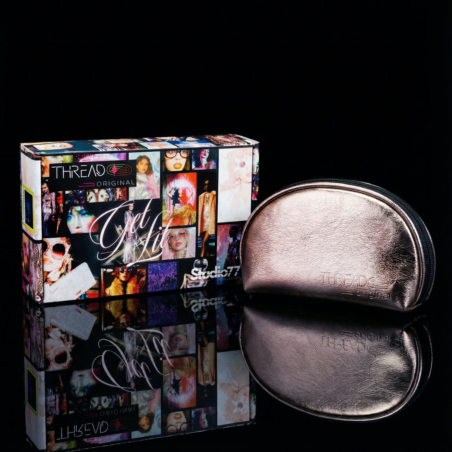 Champagne metallic makeup bag with wipeable insulated lining beside Studio 77 collector gift box. Compact vegan leather cosmetic pouch by Thread Original.