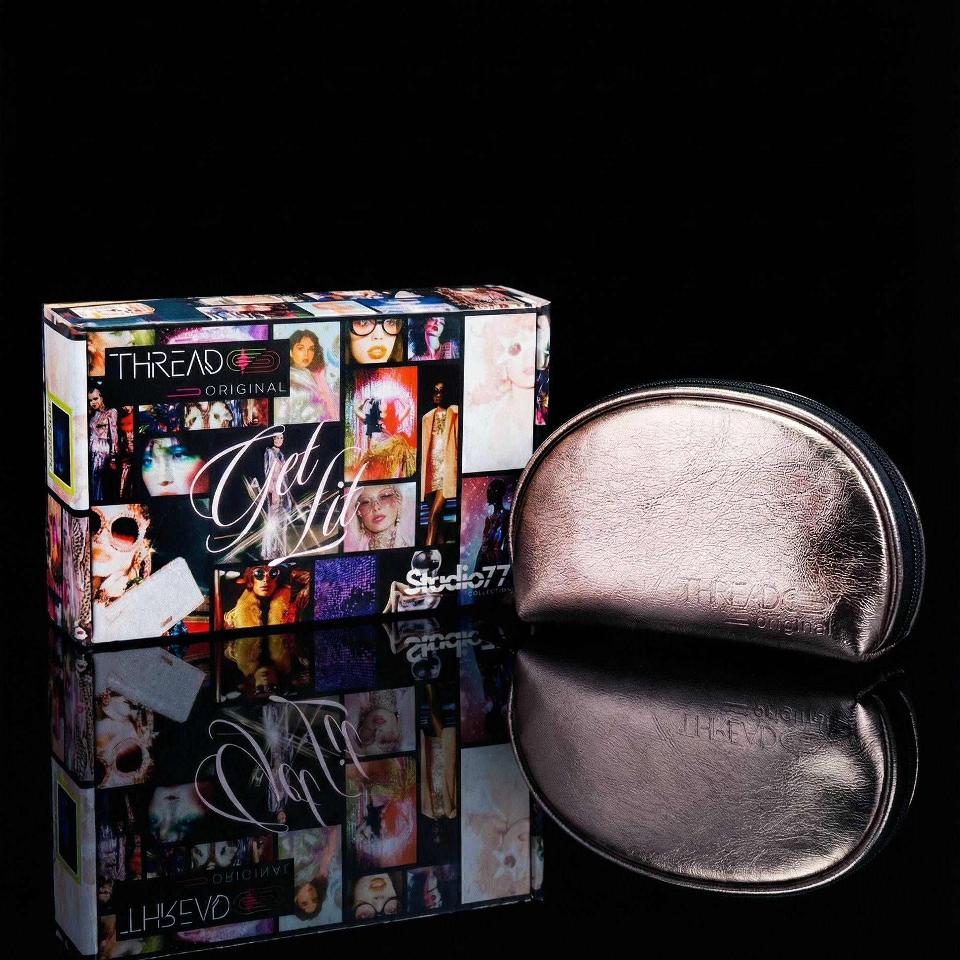 Champagne metallic makeup bag with wipeable insulated lining beside Studio 77 collector gift box. Compact vegan leather cosmetic pouch by Thread Original.