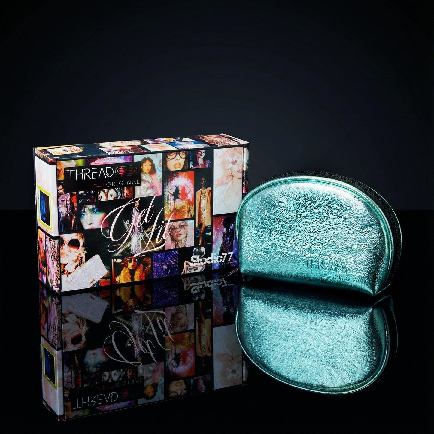 Mint green metallic makeup bag with wipeable insulated lining beside Studio 77 collector gift box. Compact vegan leather cosmetic pouch by Thread Original.