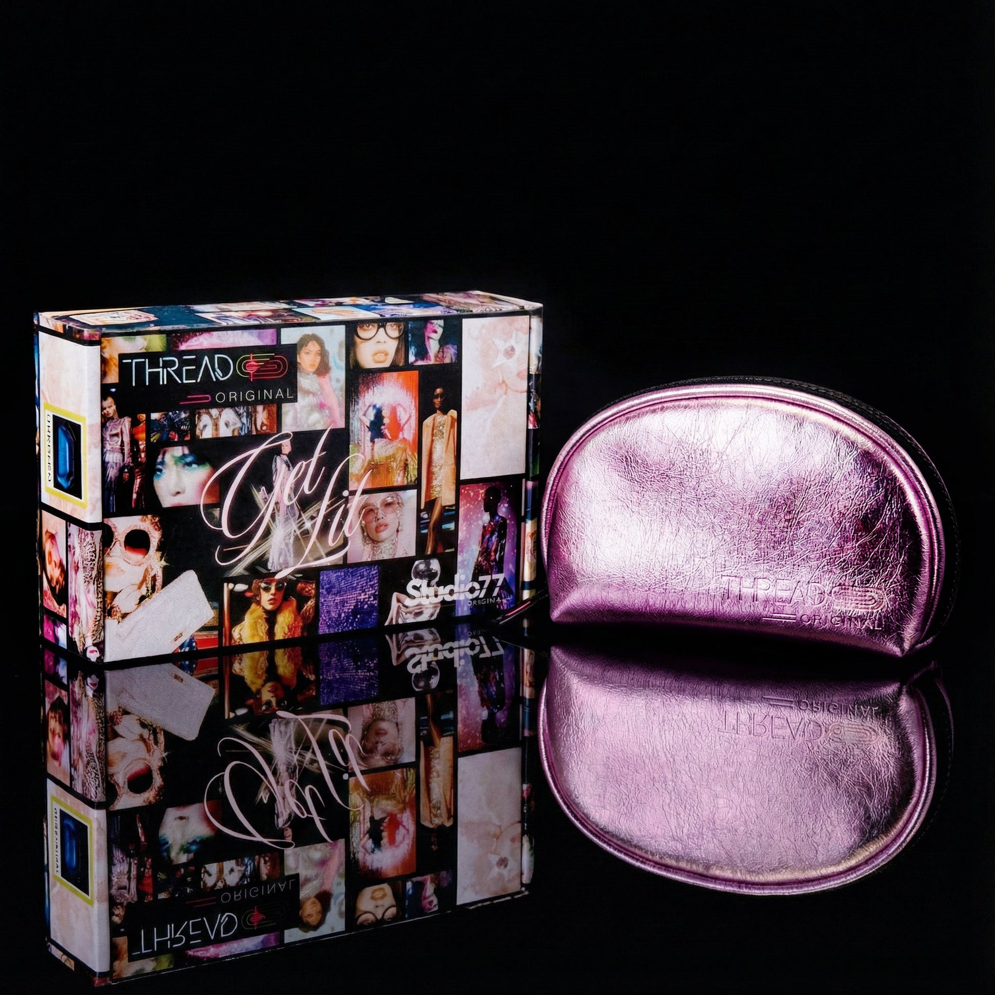 Pink metallic makeup bag with wipeable insulated lining beside Studio 77 collector gift box. Compact vegan leather cosmetic pouch by Thread Original.