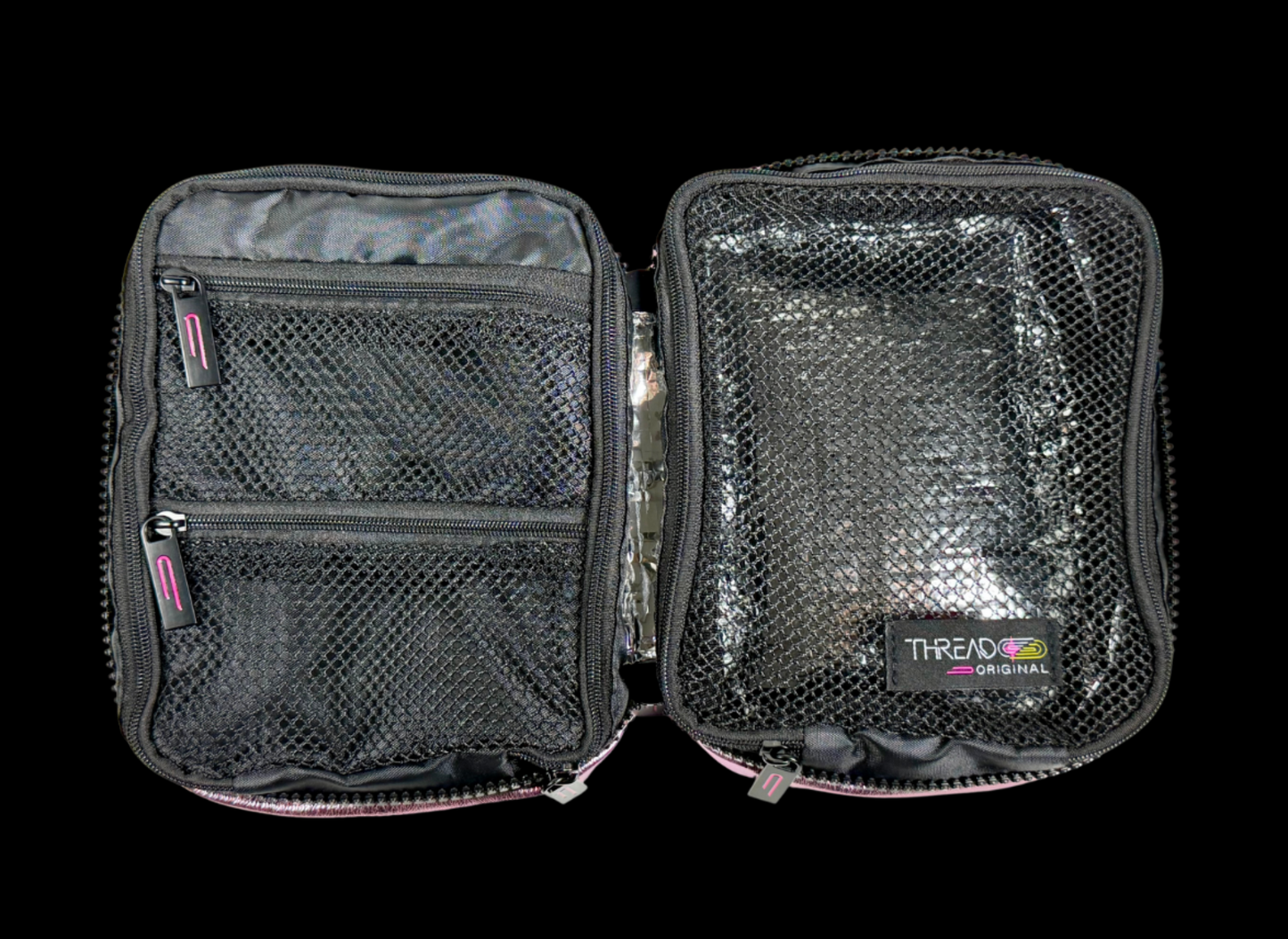 Multi-compartment makeup organizer with mesh zip pockets and wipeable insulated interior by Thread Original.
