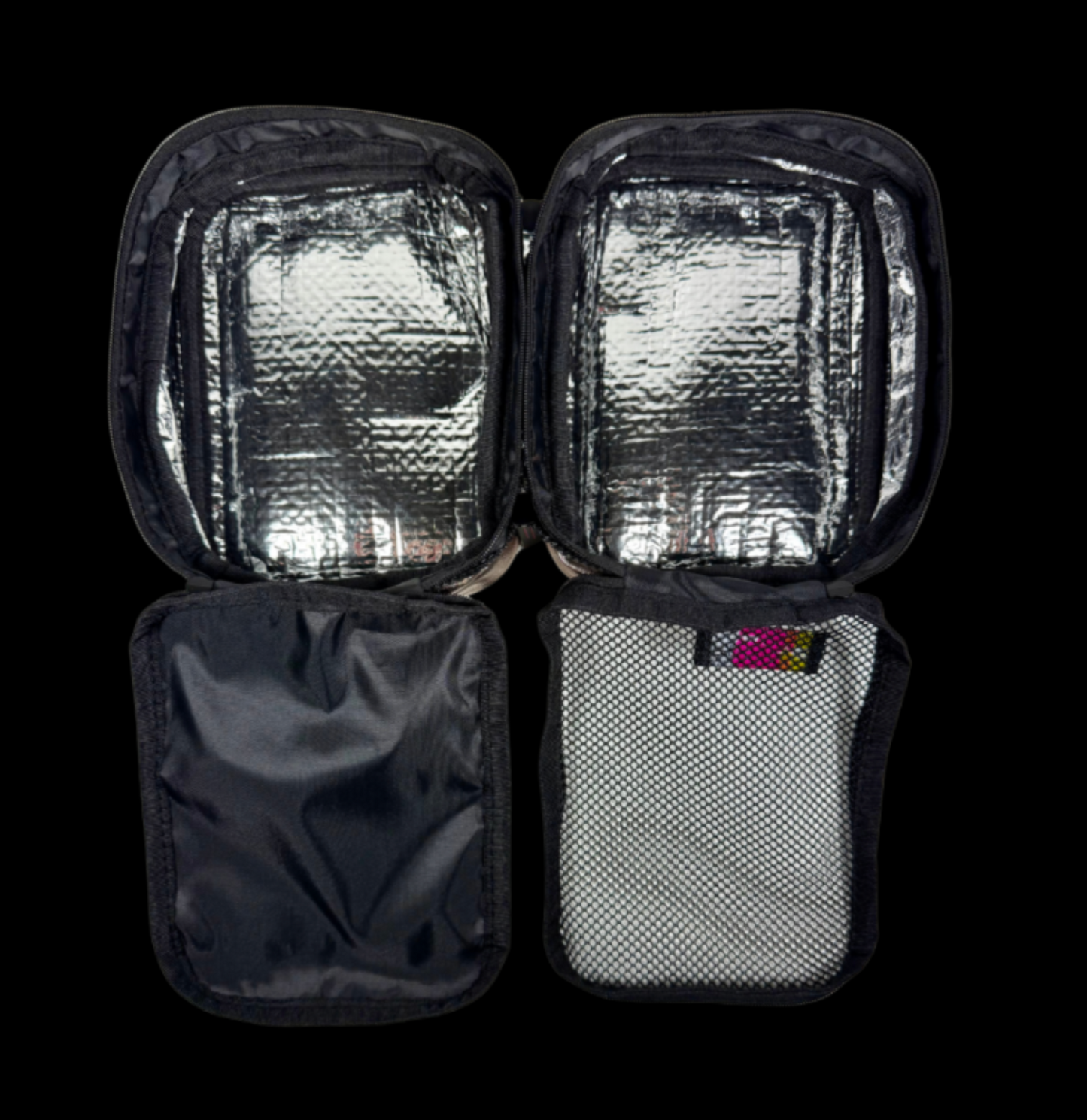 Open cosmetic organizer with insulated interior and multiple storage compartments.
