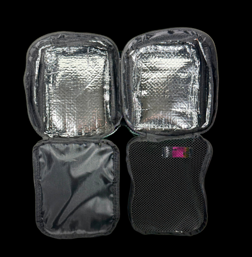 Open cosmetic organizer with insulated interior and multiple storage compartments.