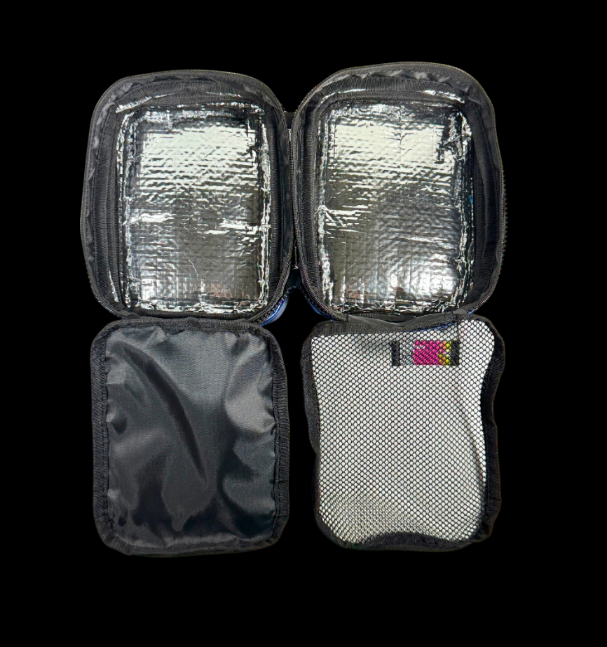 Open cosmetic organizer with insulated interior and multiple storage compartments.