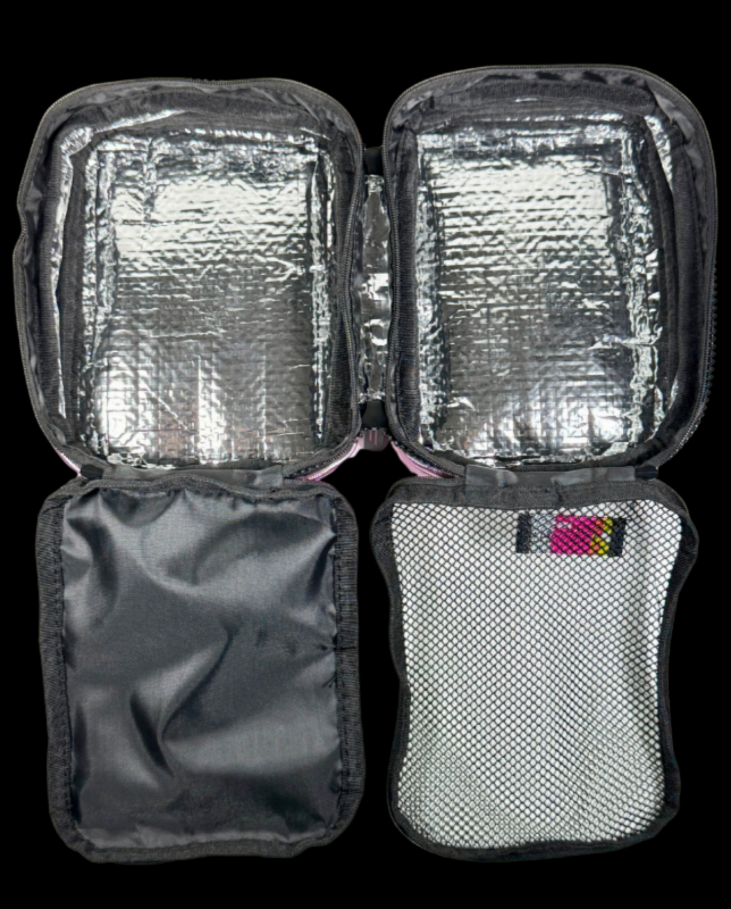 Open cosmetic organizer with insulated interior and multiple storage compartments.